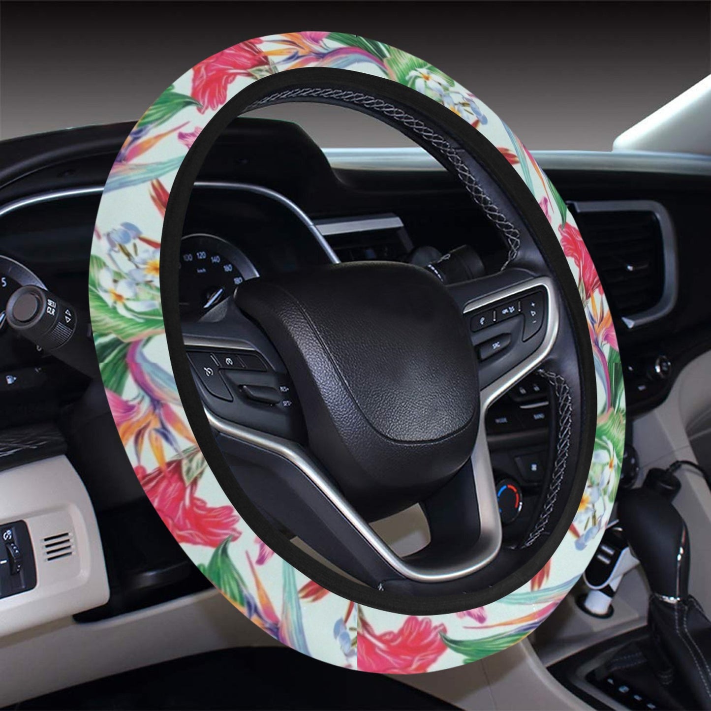 Tropical Flower Print Design LKS304 Steering Wheel Cover with Elastic Edge