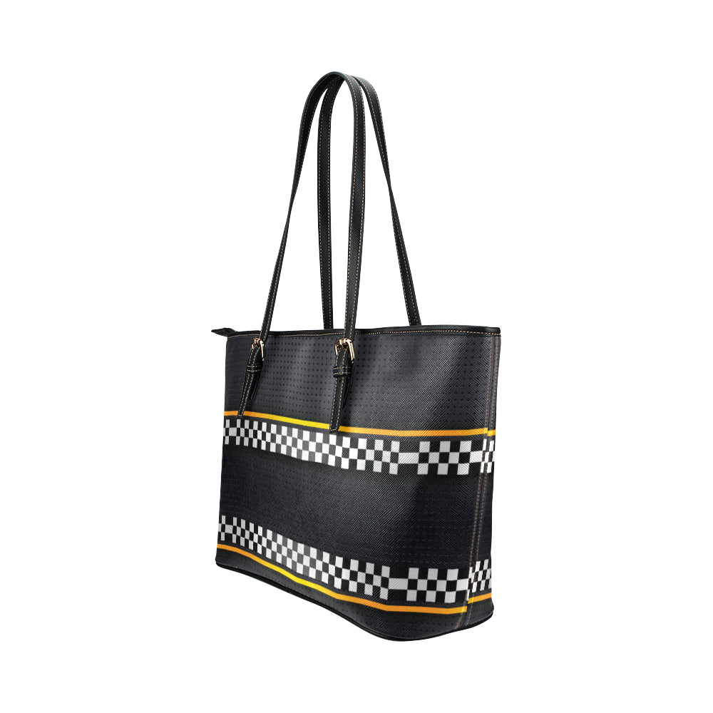 Checkered Flag Yellow Line Style Leather Tote Bag