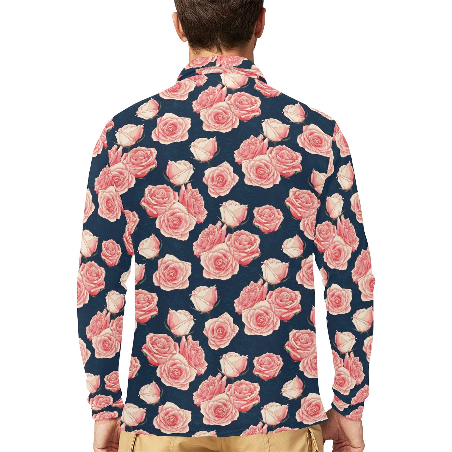 Rose Pattern Print Design A03 Long Sleeve Polo Shirt For Men's