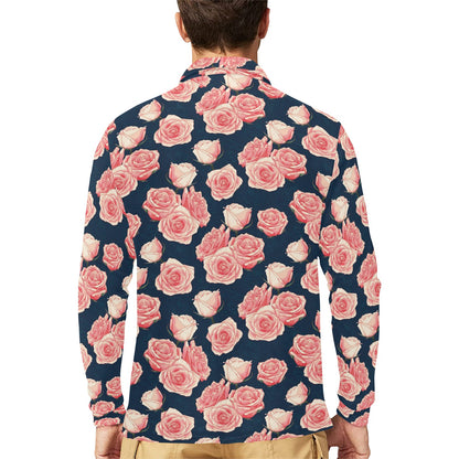 Rose Pattern Print Design A03 Long Sleeve Polo Shirt For Men's