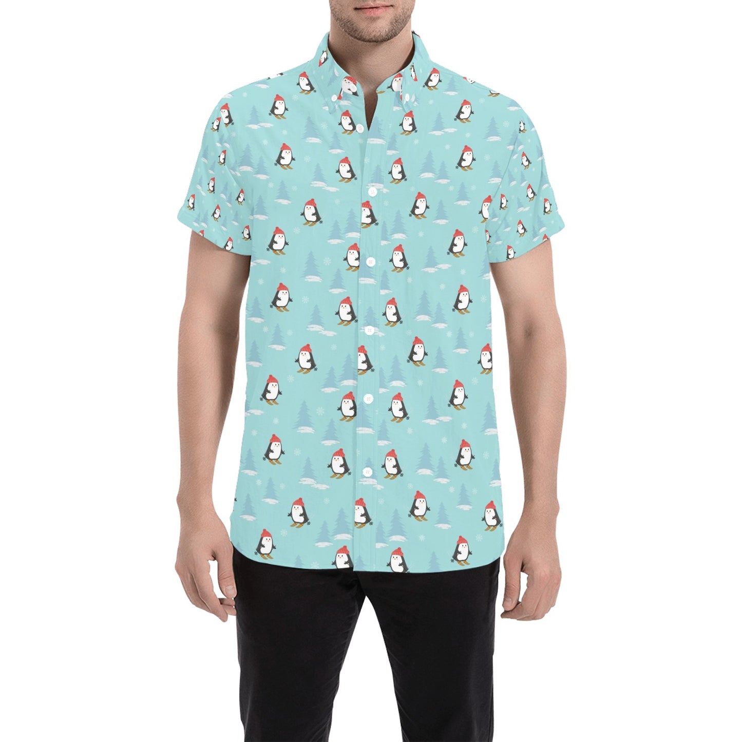 Ski Penguin Print Design LKS304 Men Short Sleeve Button Up Shirt