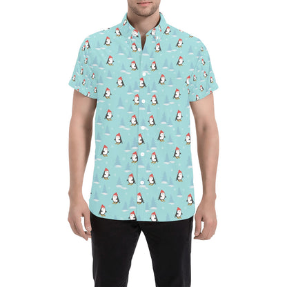 Ski Penguin Print Design LKS304 Men Short Sleeve Button Up Shirt