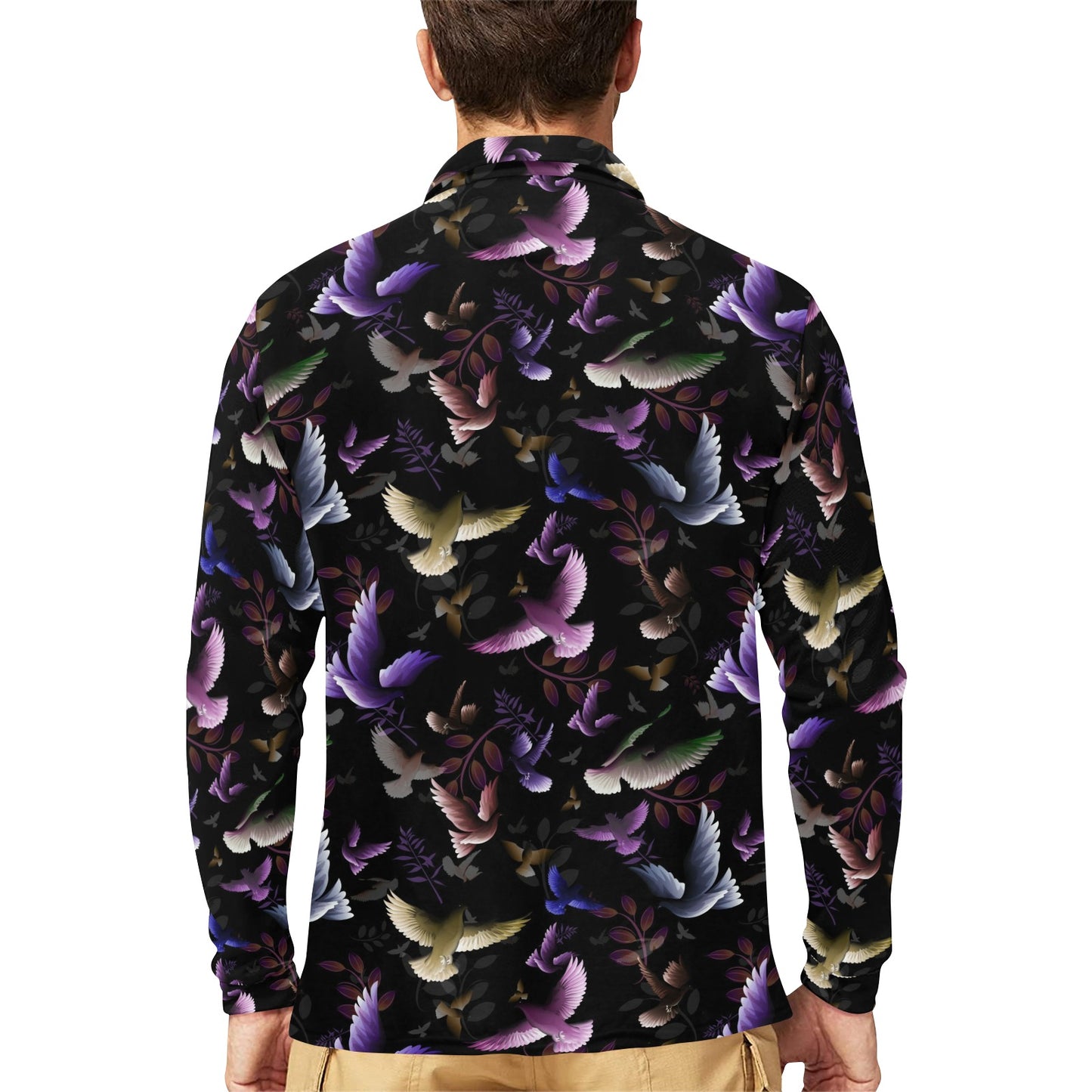 Pigeon Pattern Print Design 01 Long Sleeve Polo Shirt For Men's