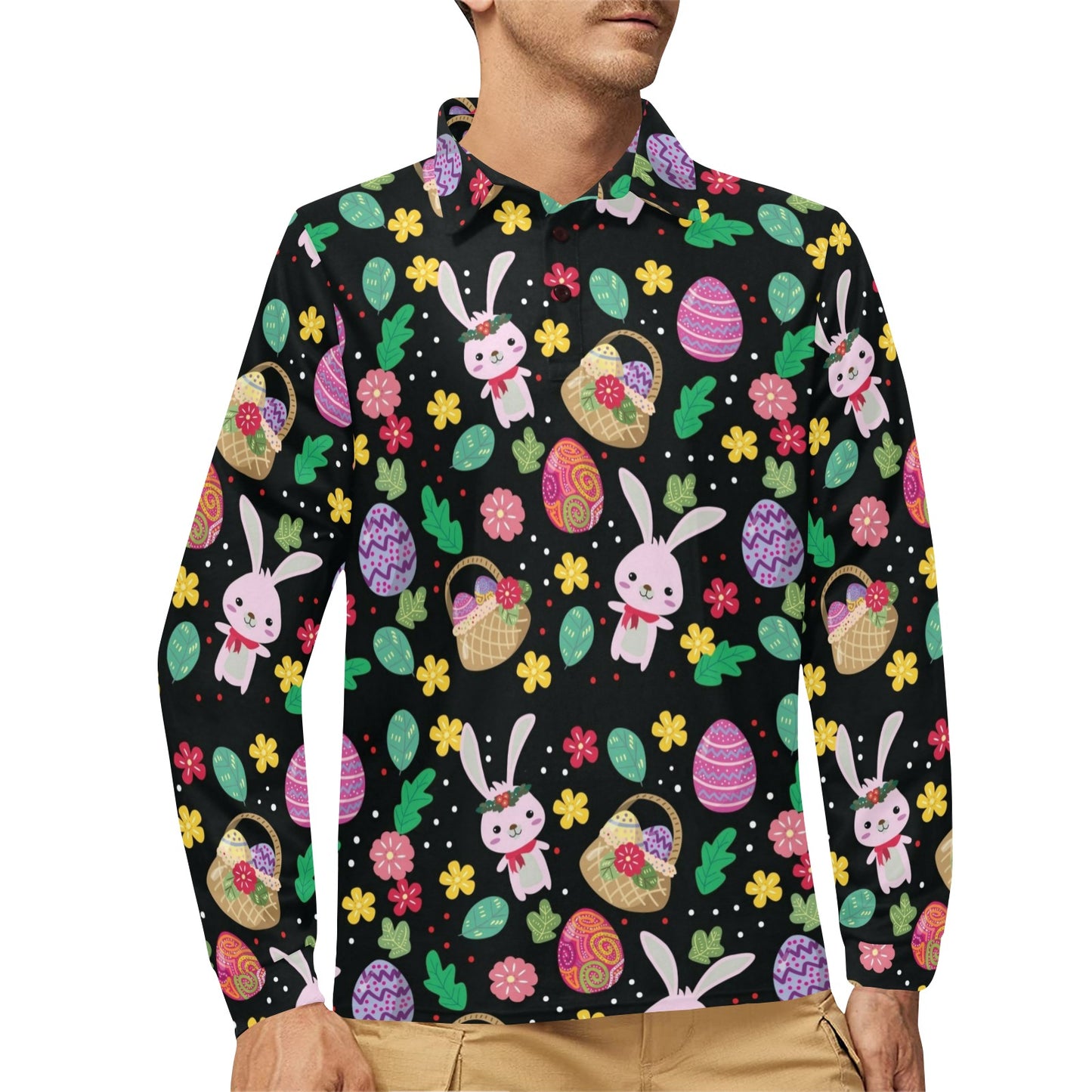 Easter Eggs Pattern Print Design RB05 Long Sleeve Polo Shirt For Men's