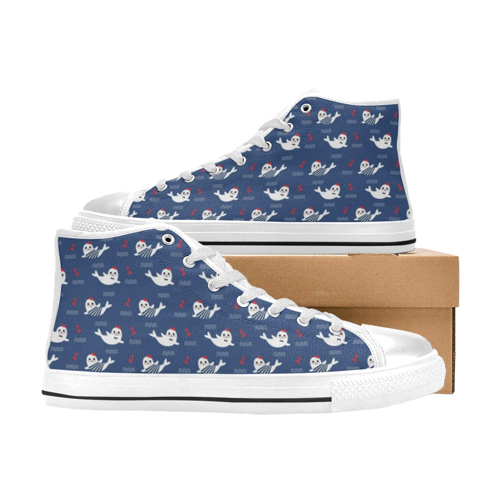 Sea Lion Print Design LKS403 Men's High Top Canvas Shoes