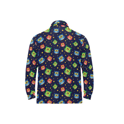 Owl with Star Themed Design Print Long Sleeve Polo Shirt For Men's