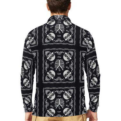 Bandana Skull Black White Print Design LKS306 Long Sleeve Polo Shirt For Men's