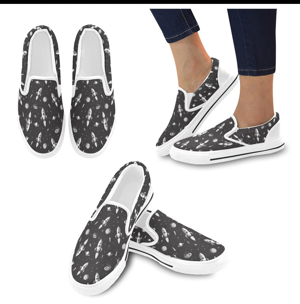 Space Rocket Print Design LKS303 White Slip Ons Canvas Women's Shoes
