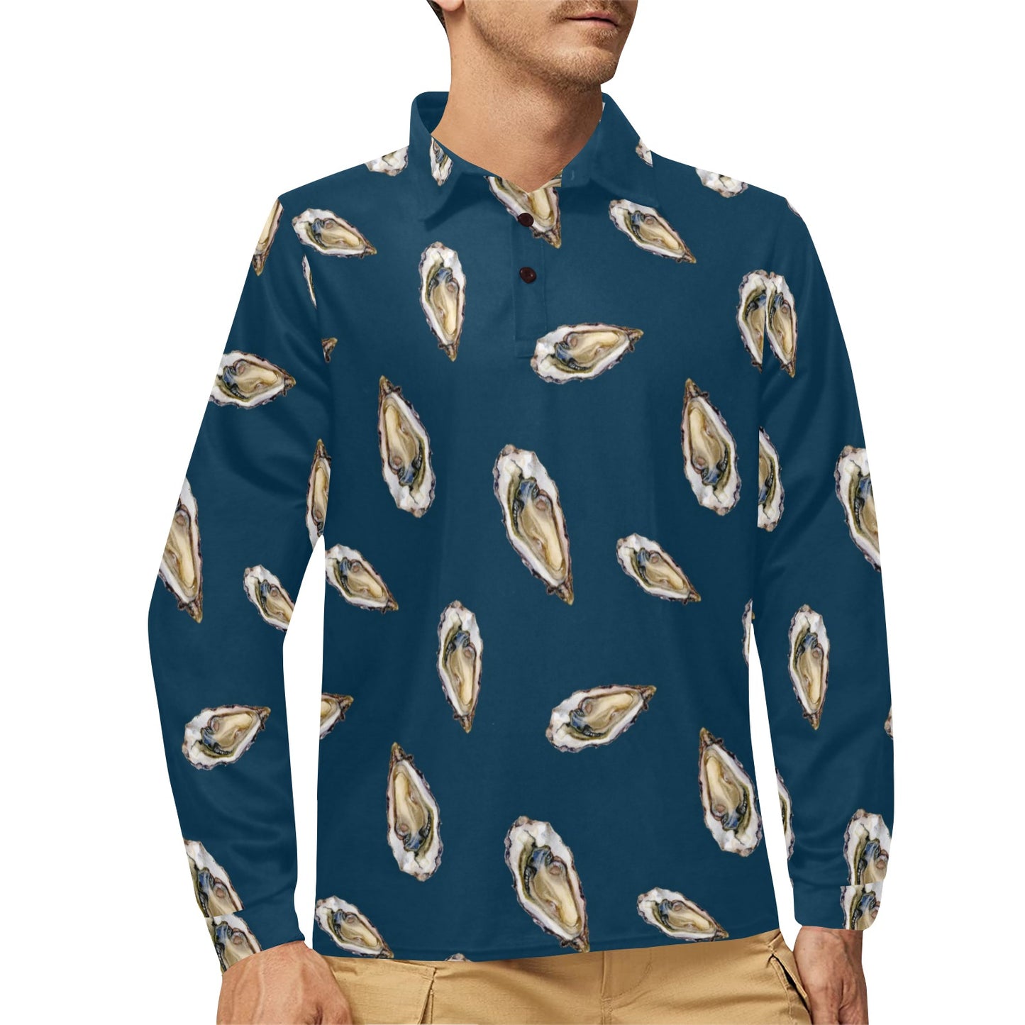 Oyster Pattern Print Design 03 Long Sleeve Polo Shirt For Men's