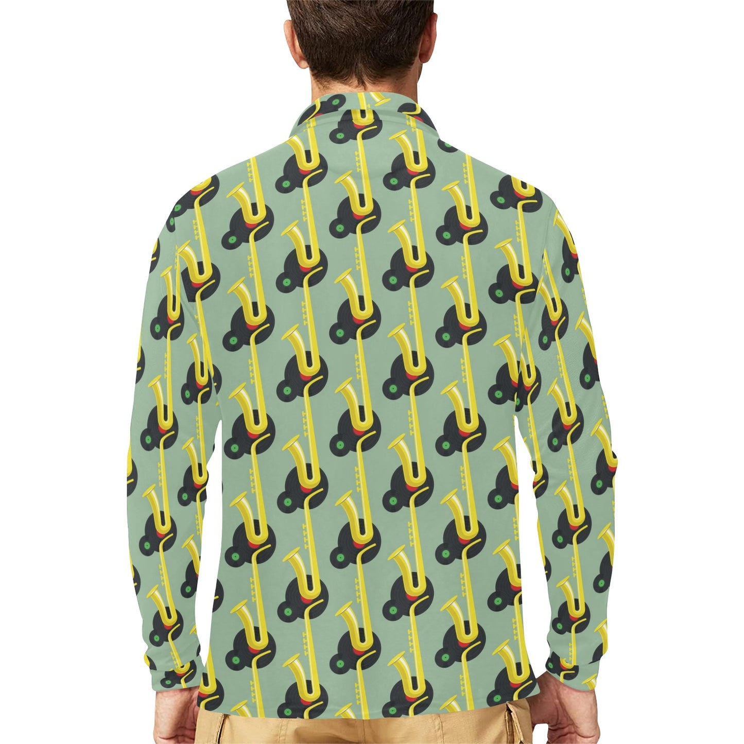 Saxophone Print Design LKS405 Long Sleeve Polo Shirt For Men's