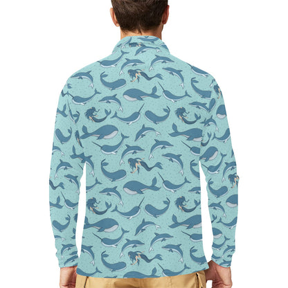 Narwhal Themed Print Long Sleeve Polo Shirt For Men's