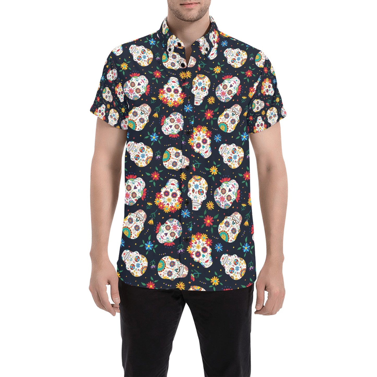 Sugar Skull Print Design LKS305 Men Short Sleeve Button Up Shirt