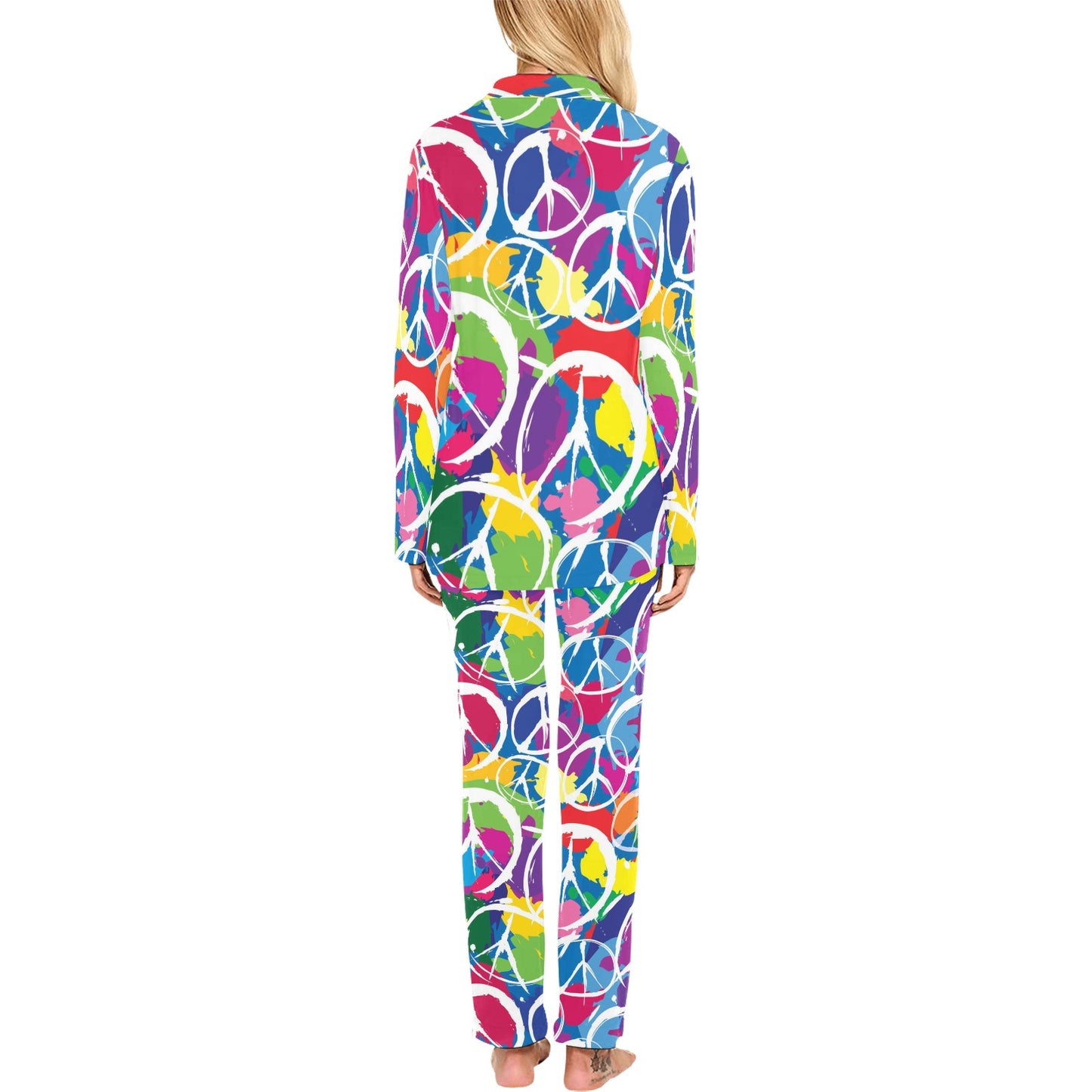 Peace Sign Colorful Pattern Print Design A02 Women's Long Pajama Set