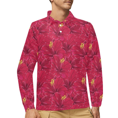 Hibiscus Red Pattern Print LKS308 Long Sleeve Polo Shirt For Men's