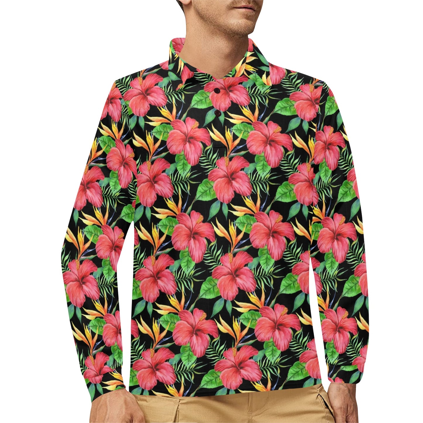 Red Hibiscus Pattern Print Design HB07 Long Sleeve Polo Shirt For Men's
