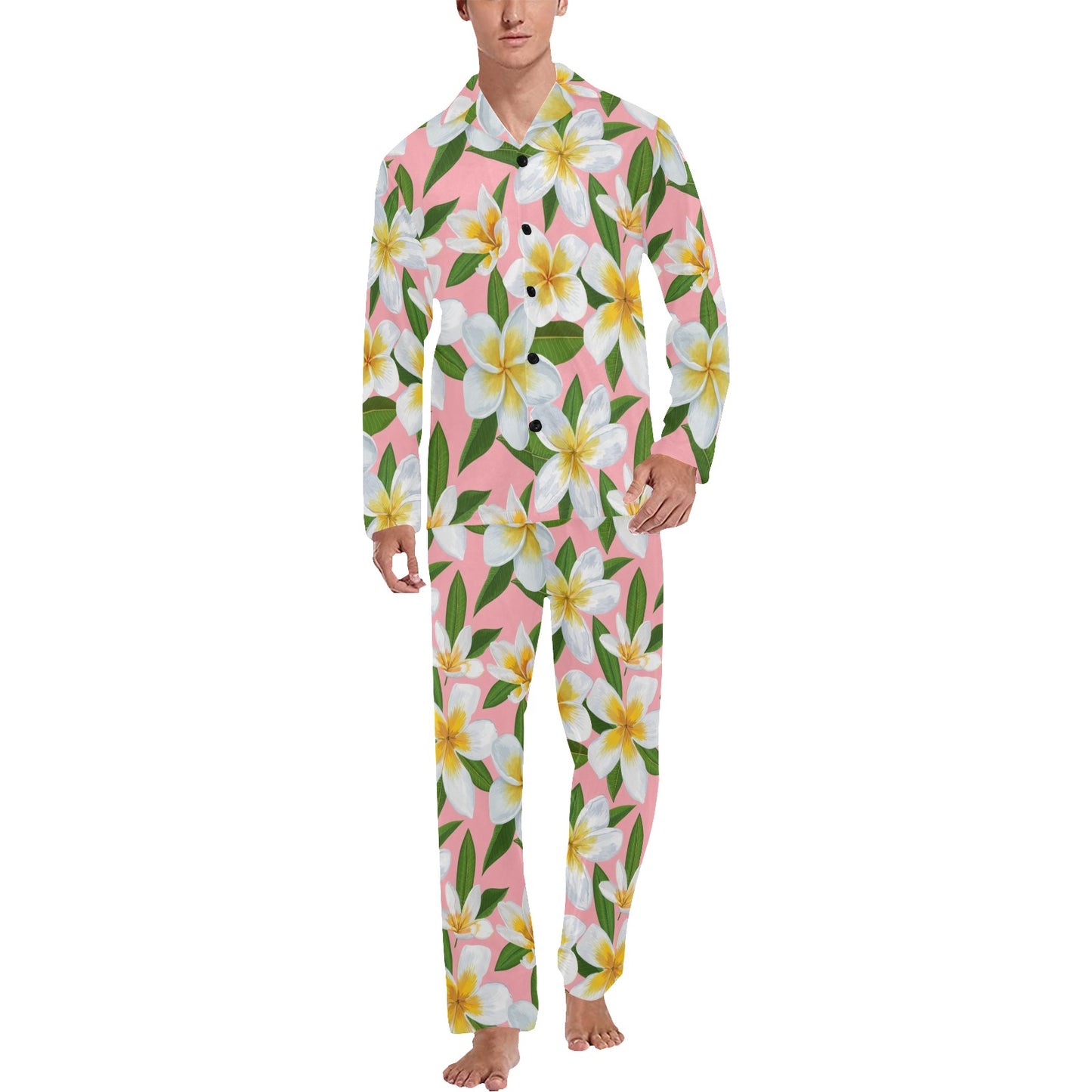 White Plumeria Pattern Print Design PM011 Men's Long Pajama Set