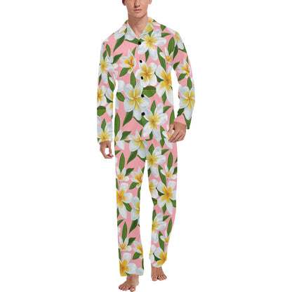 White Plumeria Pattern Print Design PM011 Men's Long Pajama Set