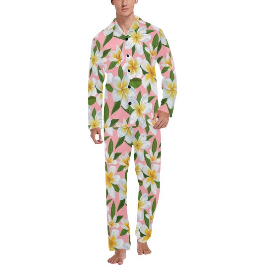 White Plumeria Pattern Print Design PM011 Men's Long Pajama Set