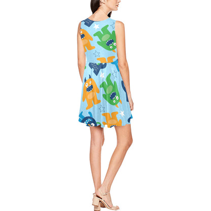 Monster Cartoon Pattern Print Design 04 Sleeveless Dress
