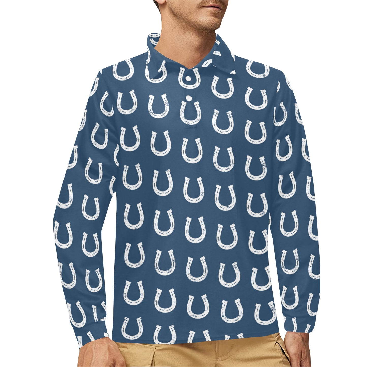 Horseshoe Print Design LKS301 Long Sleeve Polo Shirt For Men's