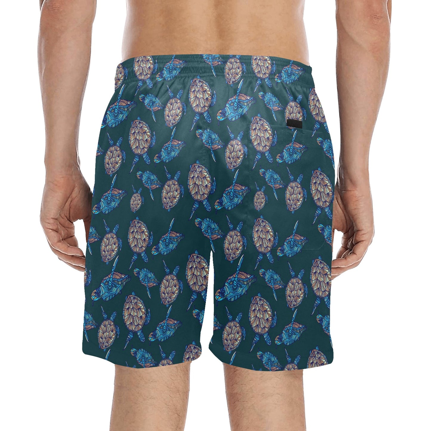 Sea Turtle Hand Drawn Blue Print Men's Swim Trunks Beach Shorts