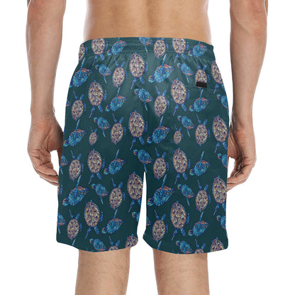 Sea Turtle Hand Drawn Blue Print Men's Swim Trunks Beach Shorts
