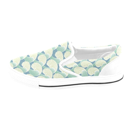 Wave Japan Style Print Design LKS302 White Slip Ons Canvas Women's Shoes