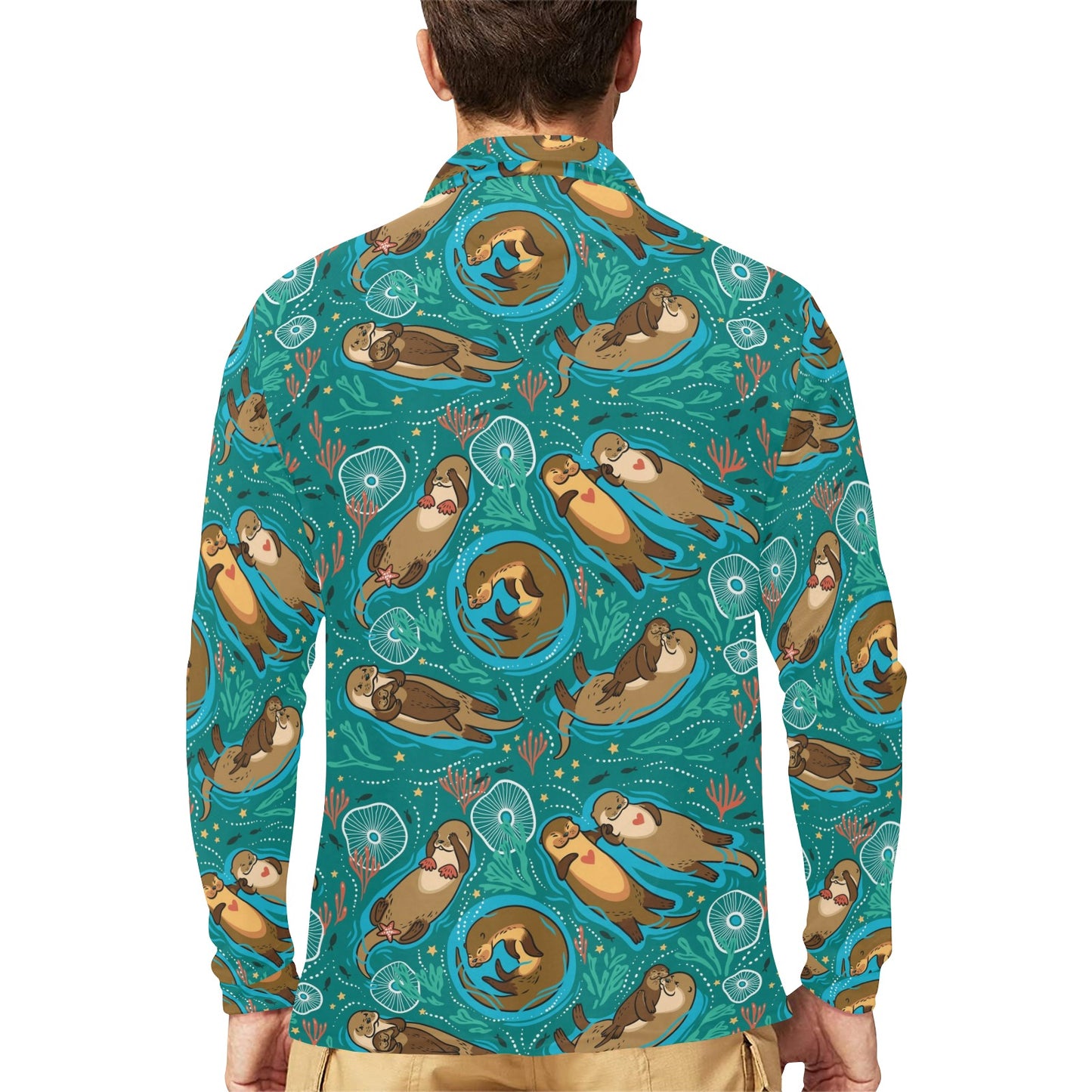 Sea Otter Pattern Print Design 01 Long Sleeve Polo Shirt For Men's