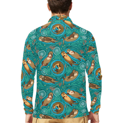 Sea Otter Pattern Print Design 01 Long Sleeve Polo Shirt For Men's