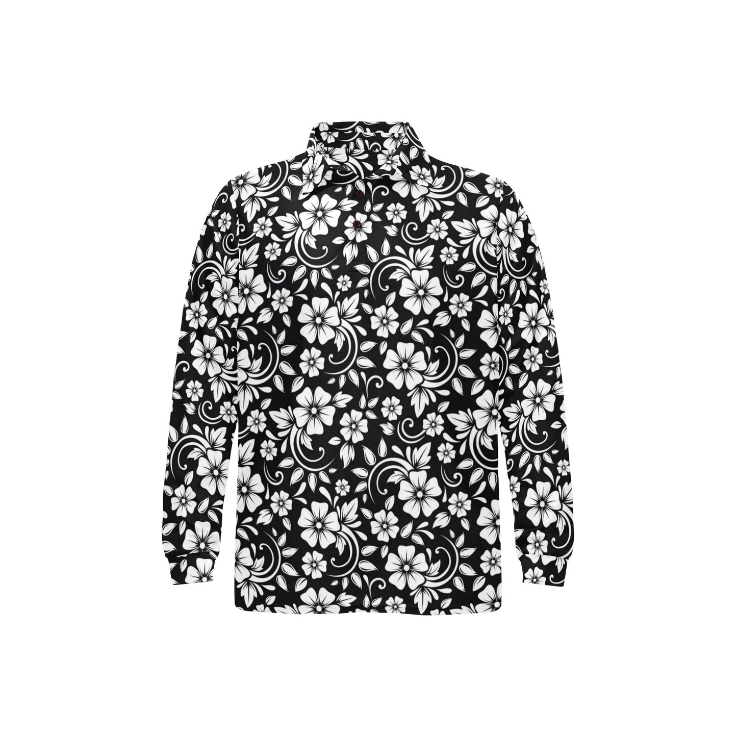 Floral Black White Themed Print Long Sleeve Polo Shirt For Men's
