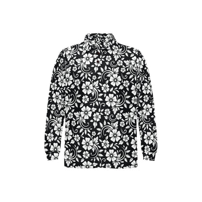Floral Black White Themed Print Long Sleeve Polo Shirt For Men's