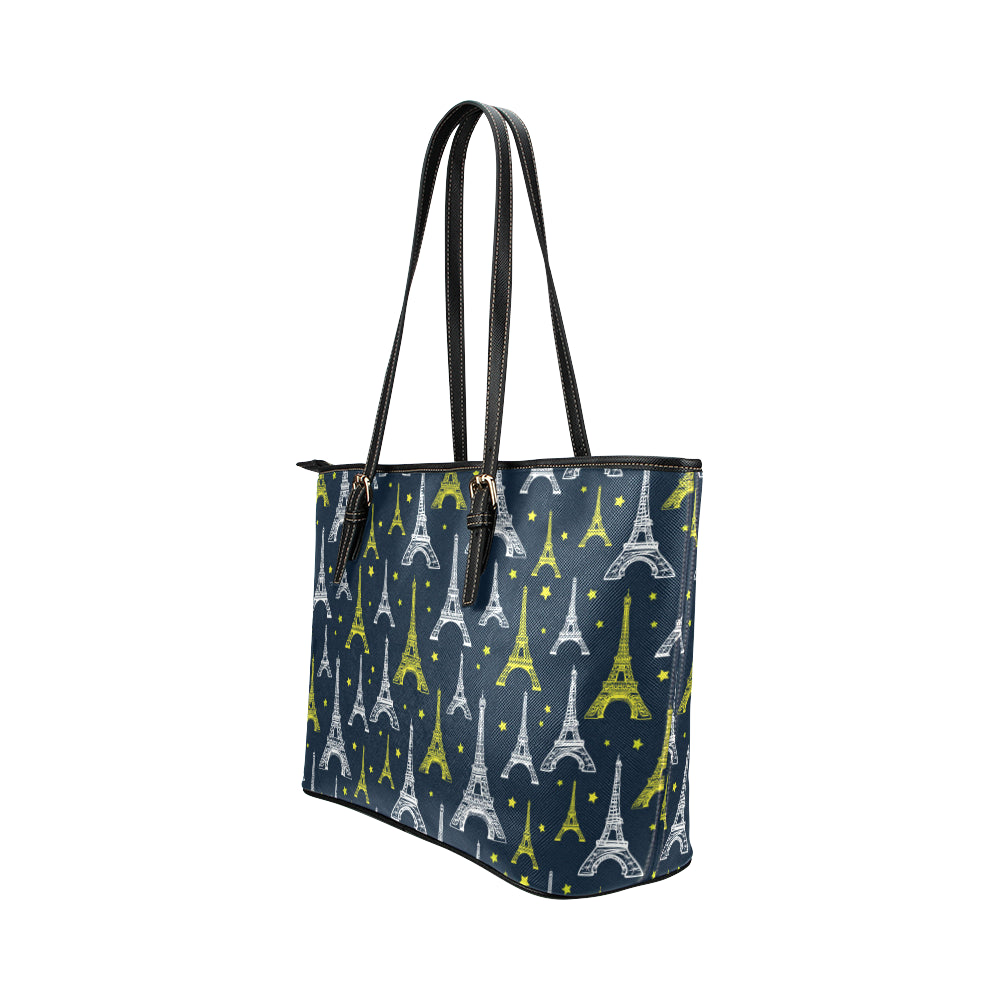 Eiffel Tower Star Print Leather Tote Bag