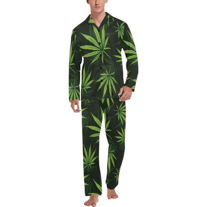 Pot Leaf Pattern Print Design A03 Men's Long Pajama Set