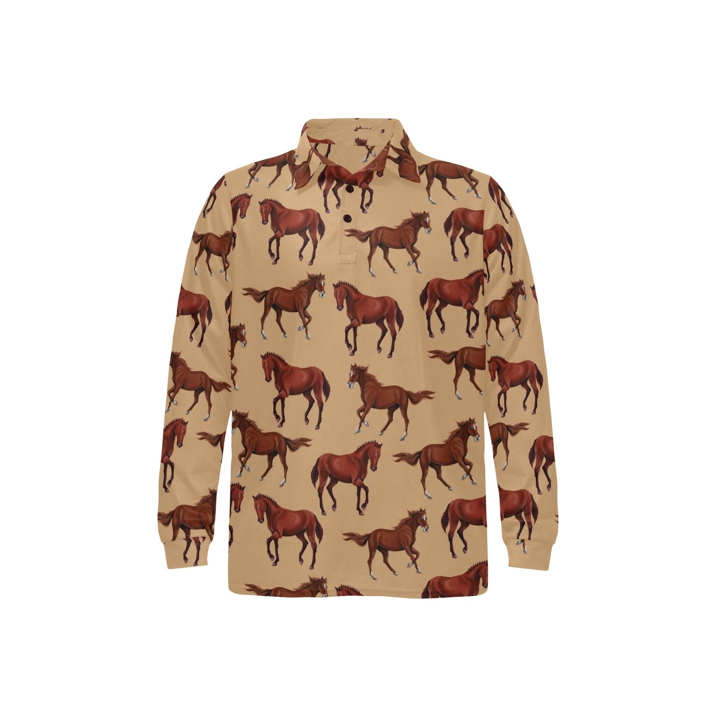 Brown Horse Print Pattern Long Sleeve Polo Shirt For Men's