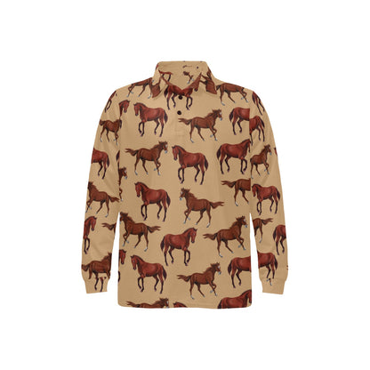 Brown Horse Print Pattern Long Sleeve Polo Shirt For Men's