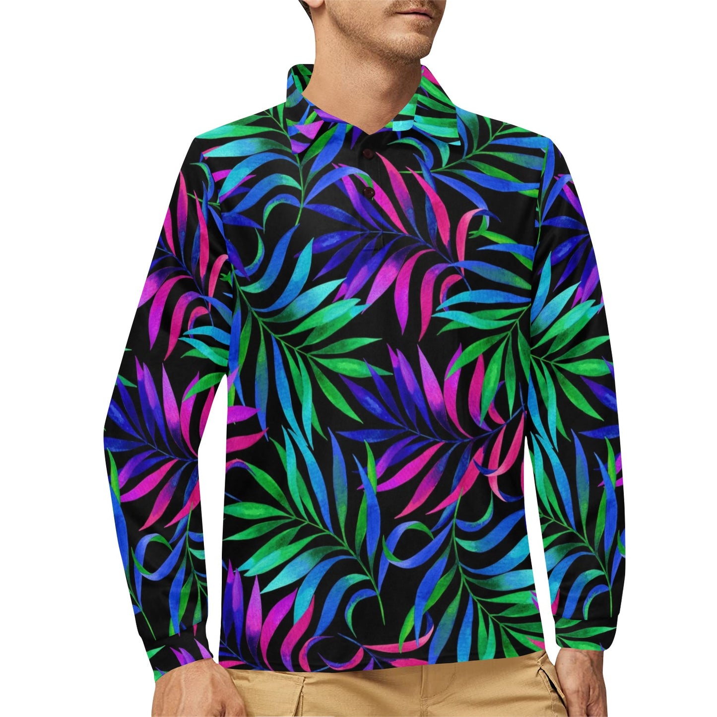 Tropical Flower Pattern Print Design TF010 Long Sleeve Polo Shirt For Men's