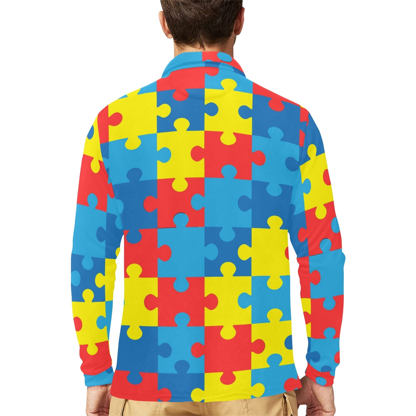 Autism Awareness Puzzles Design Print Long Sleeve Polo Shirt For Men's