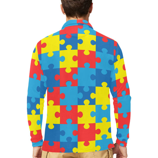 Autism Awareness Puzzles Design Print Long Sleeve Polo Shirt For Men's