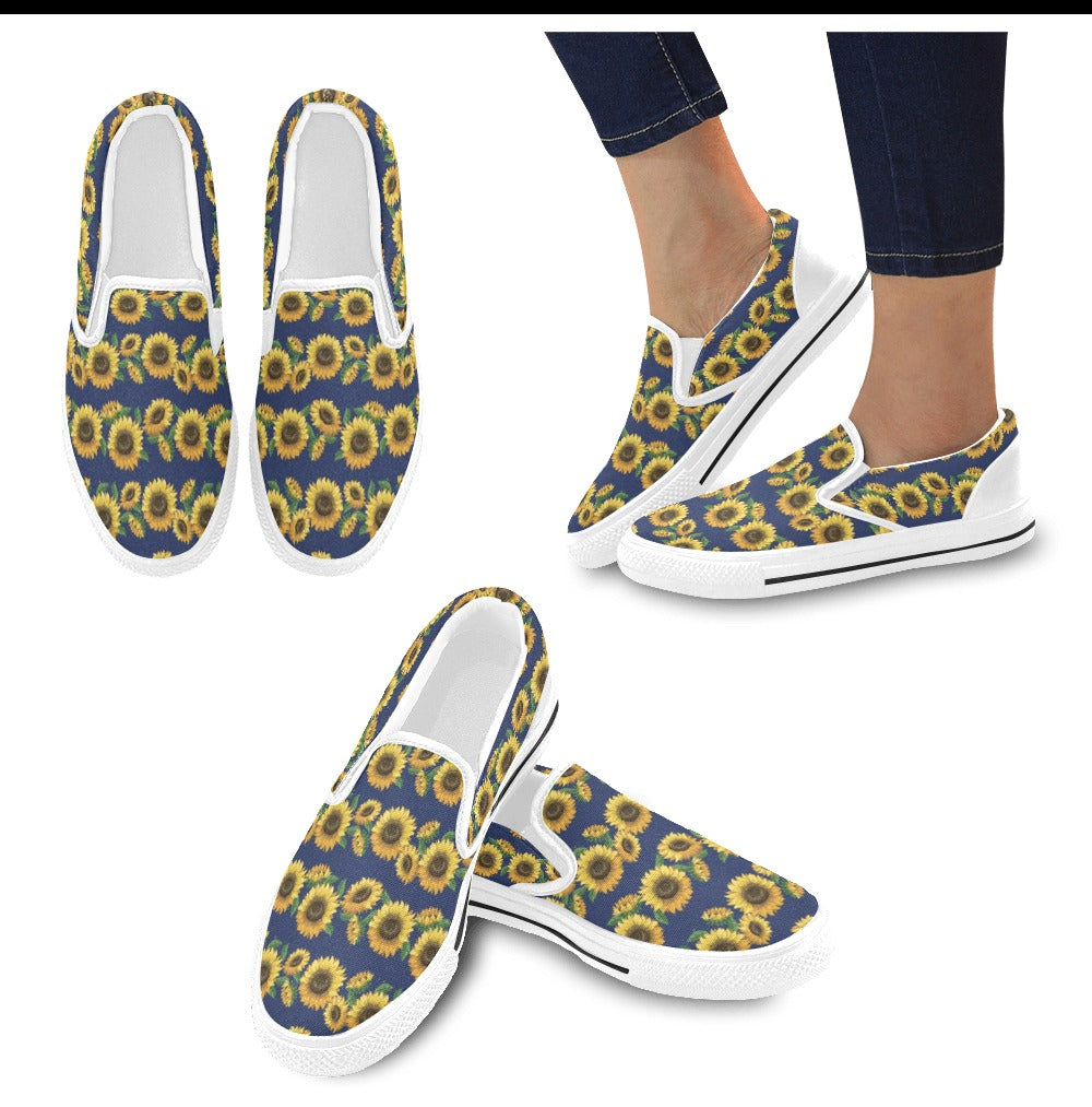Sunflower Print Design LKS307 White Slip Ons Canvas Women's Shoes