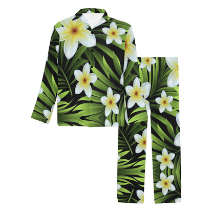 White Plumeria Pattern Print Design PM06 Men's Long Pajama Set