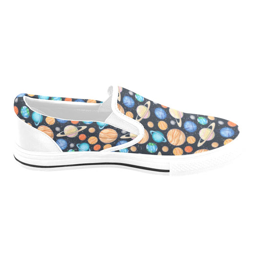 Planet Colorful Print Design LKS301 White Slip Ons Canvas Women's Shoes