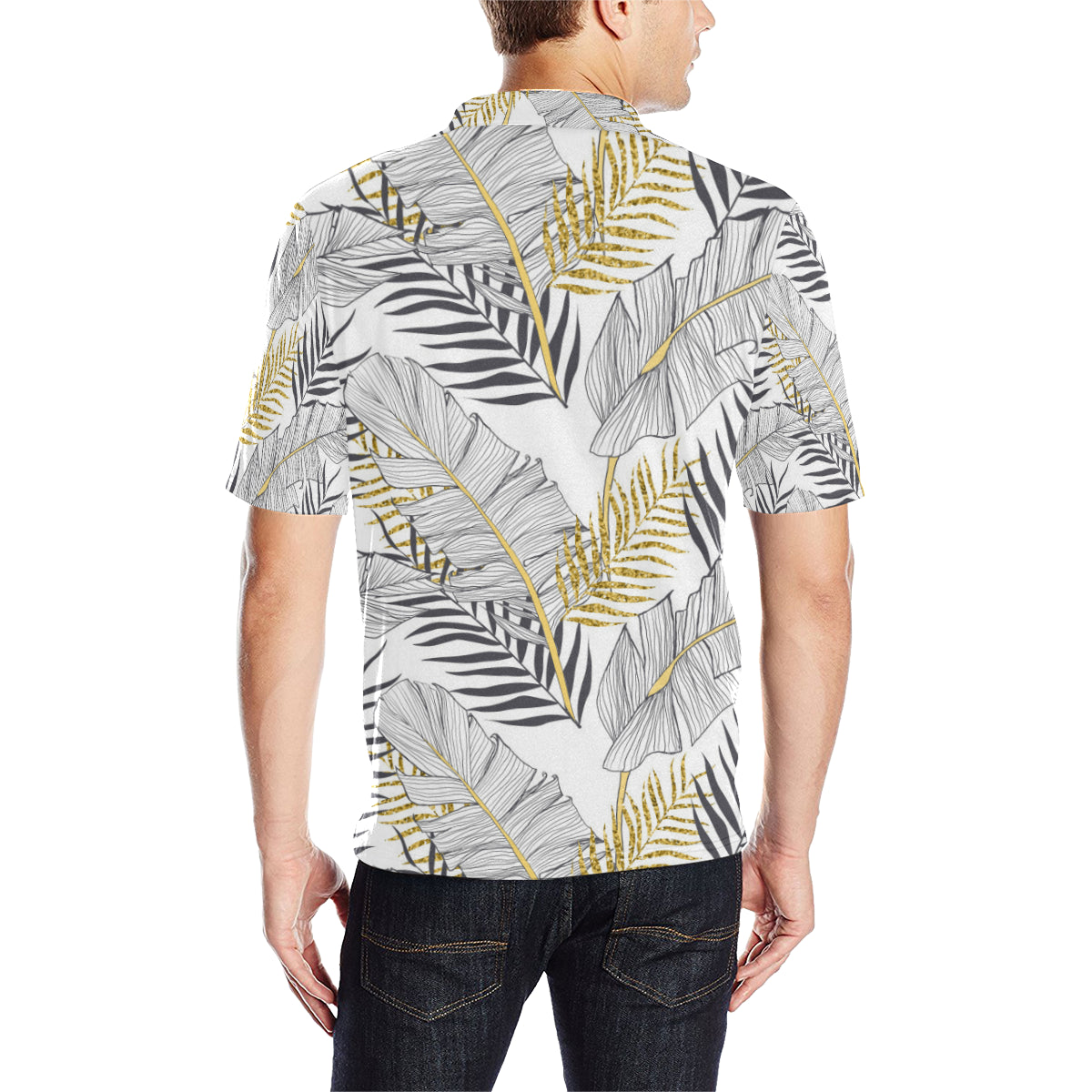 Gold Glitter Tropical Palm Leaves Men Polo Shirt