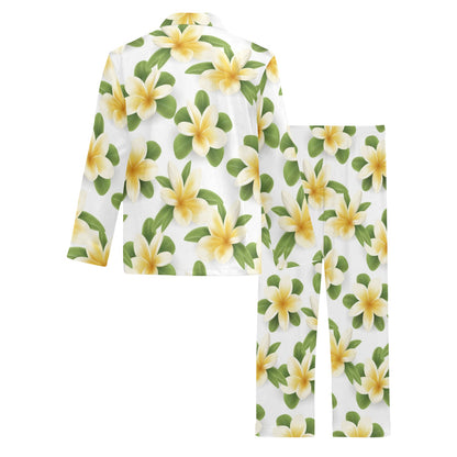 Yellow Plumeria Pattern Print Design PM012 Men's Long Pajama Set