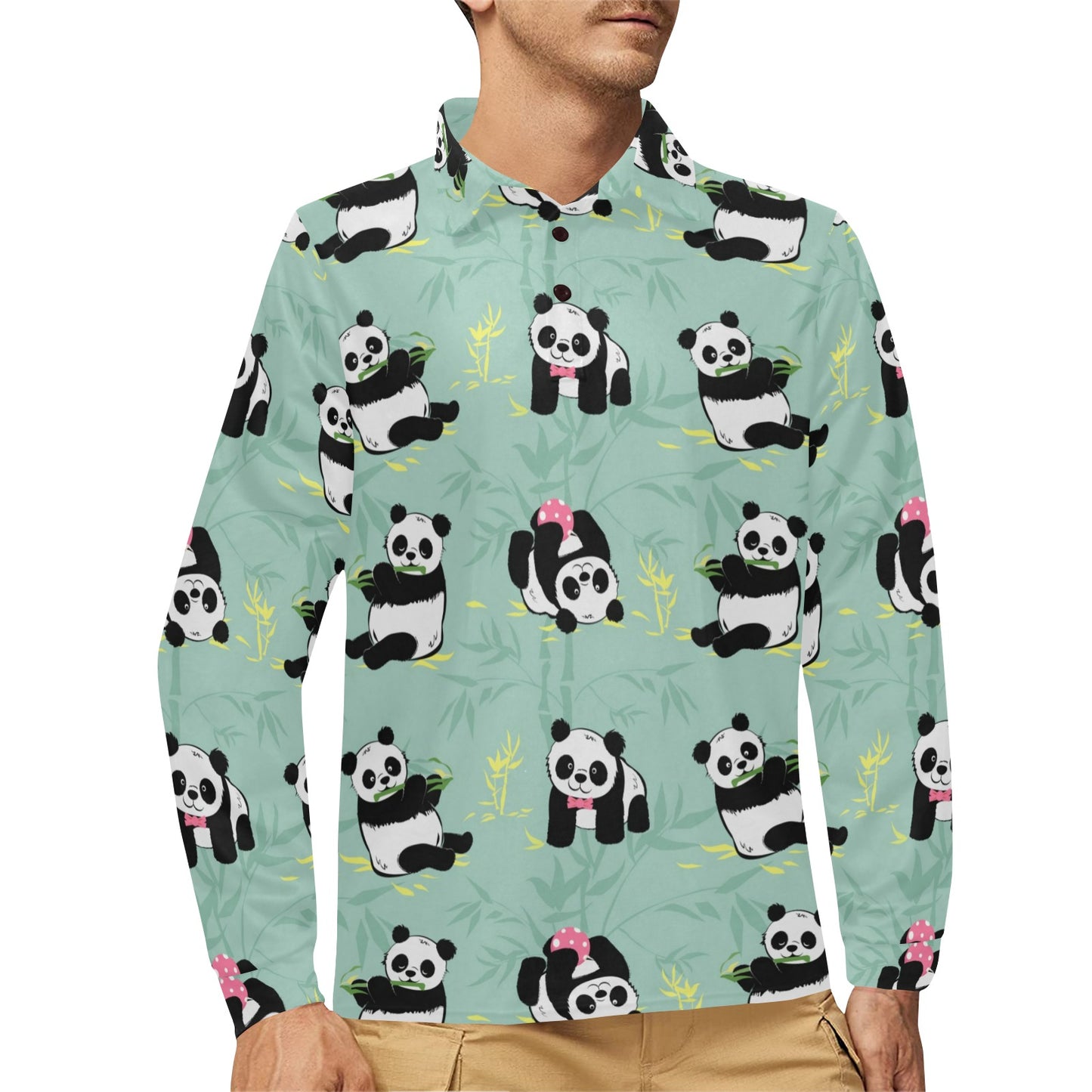 Panda Pattern Print Design A05 Long Sleeve Polo Shirt For Men's