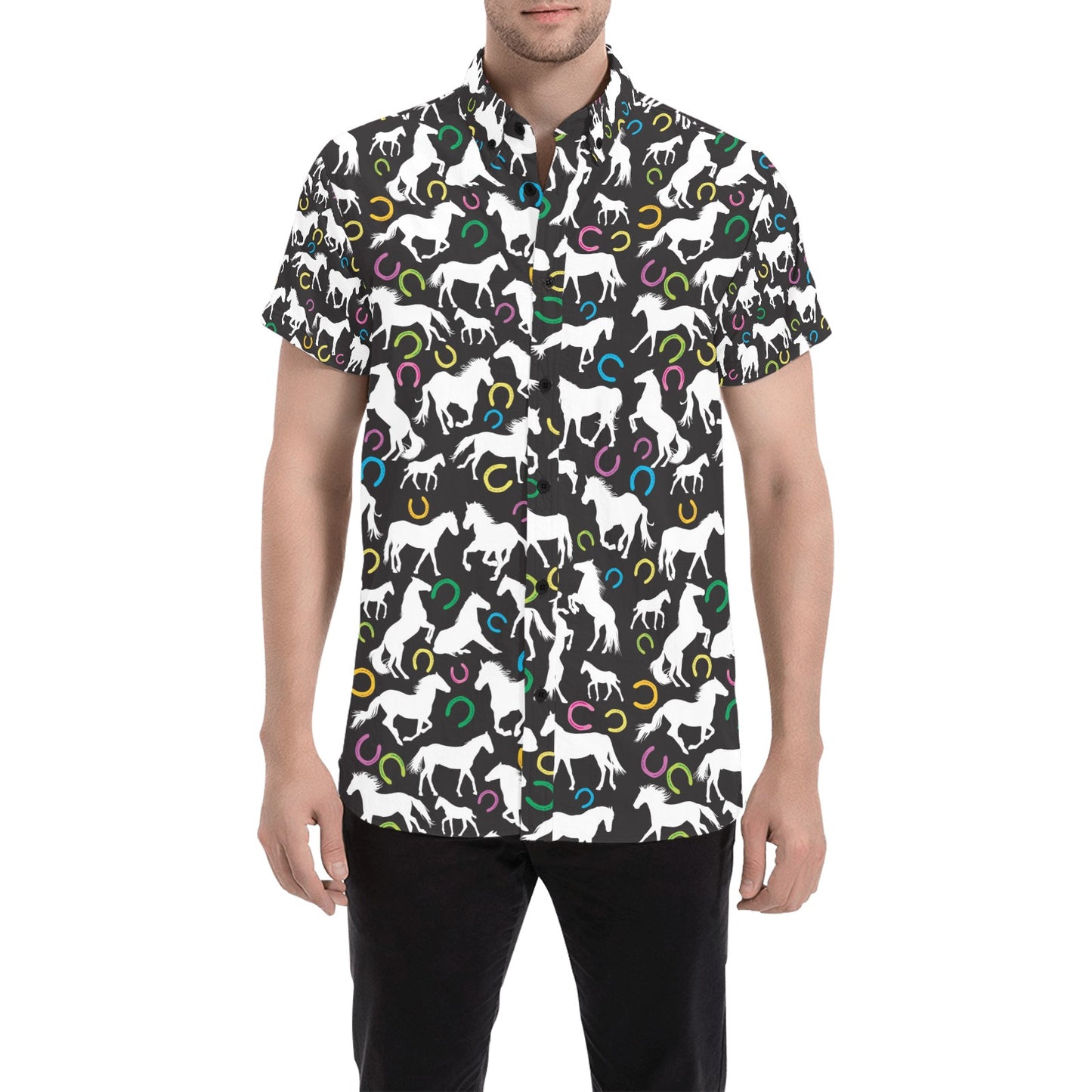 Horse Hoof Colorful Print Design LKS301 Men Short Sleeve Button Up Shirt
