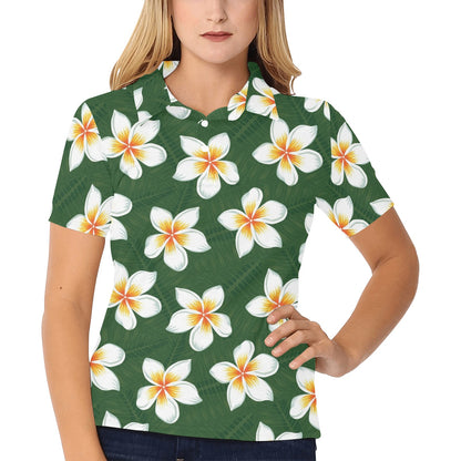 White Plumeria Pattern Print Design PM020 Women's Polo Shirt
