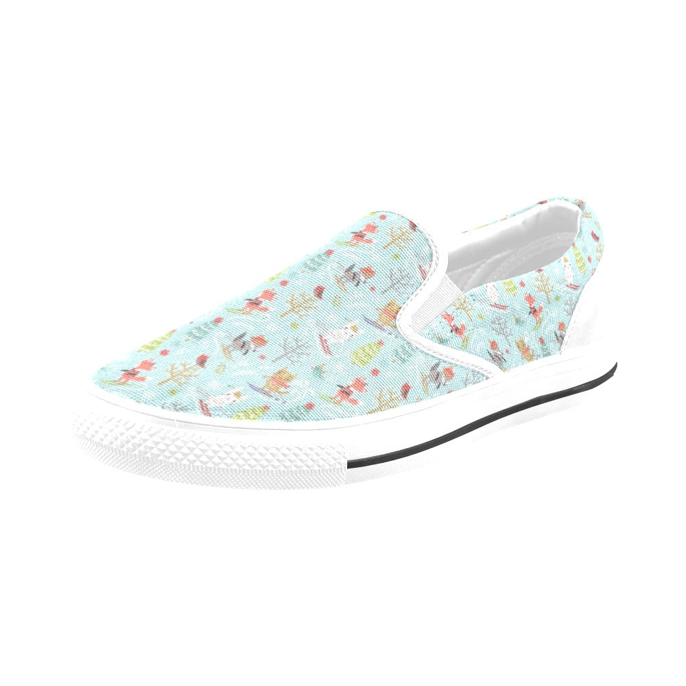 Ski Fox Cute Print Design LKS303 White Slip Ons Canvas Women's Shoes