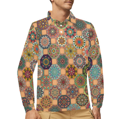 Boho Pattern Print Design 07 Long Sleeve Polo Shirt For Men's