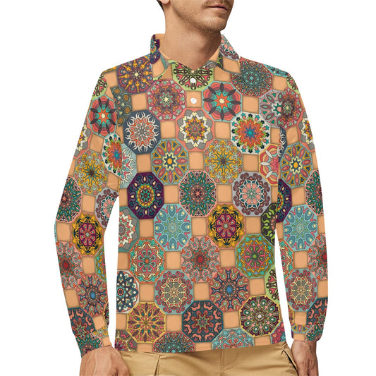 Boho Pattern Print Design 07 Long Sleeve Polo Shirt For Men's