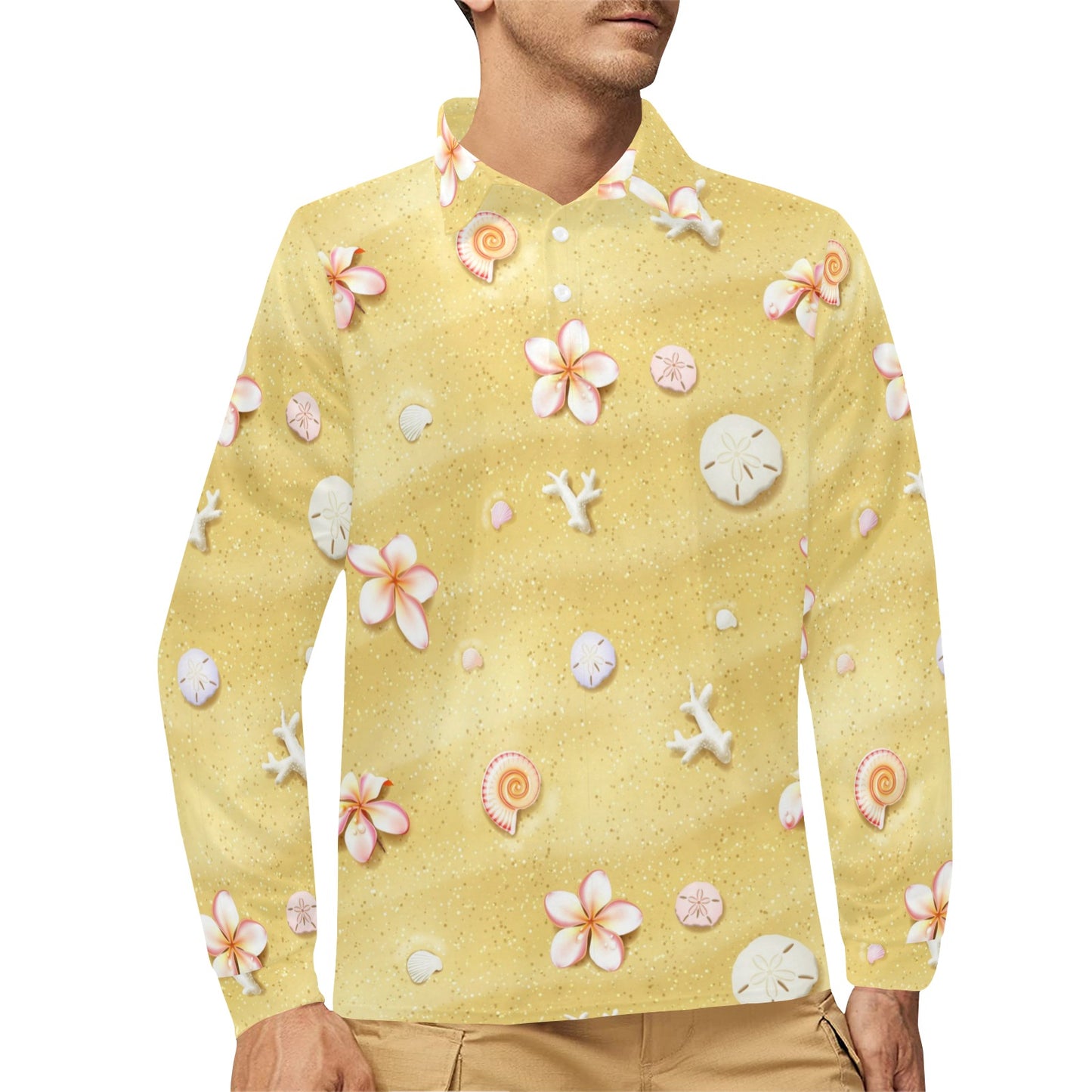 Beach Theme Print Long Sleeve Polo Shirt For Men's
